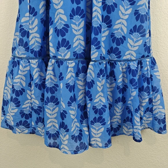 J. Marie Nwot The Luna Ruched Midi Floral Blue Dress Ruffle Sleeves Sz Medium - Picture 6 of 16
